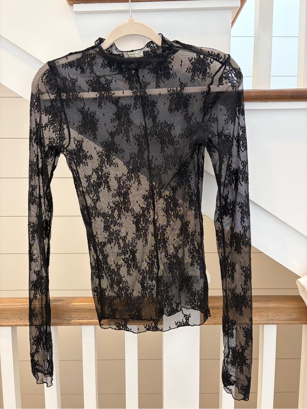 Free People Black Sheer Lace Long-Sleeve Top